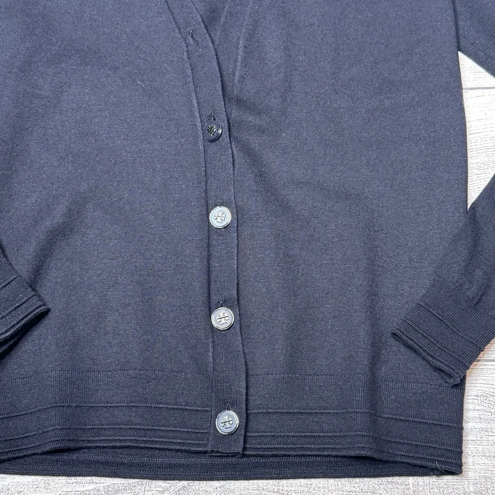 Tory Burch‎ Simone Cardigan Wool Navy XS  Logo Button Preppy V-Neck